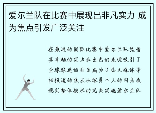 爱尔兰队在比赛中展现出非凡实力 成为焦点引发广泛关注